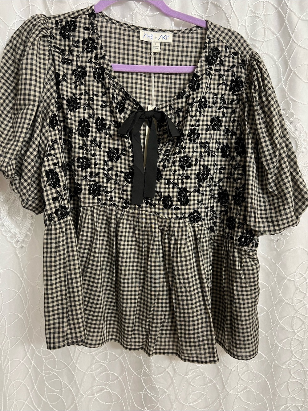 She + Sky Black and Cream Gingham Embroidered Peasant Blouse
